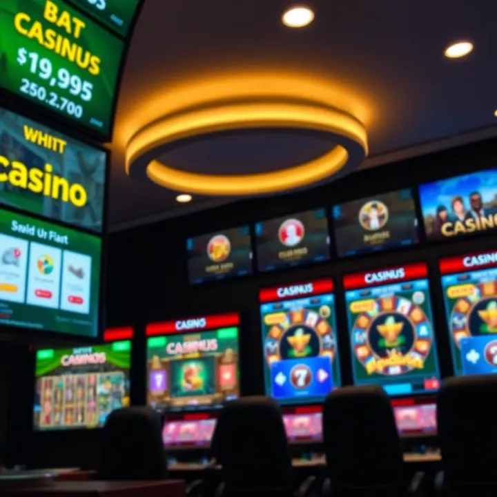 Variety of casino games displayed on digital screens with payment options and customer support symbols