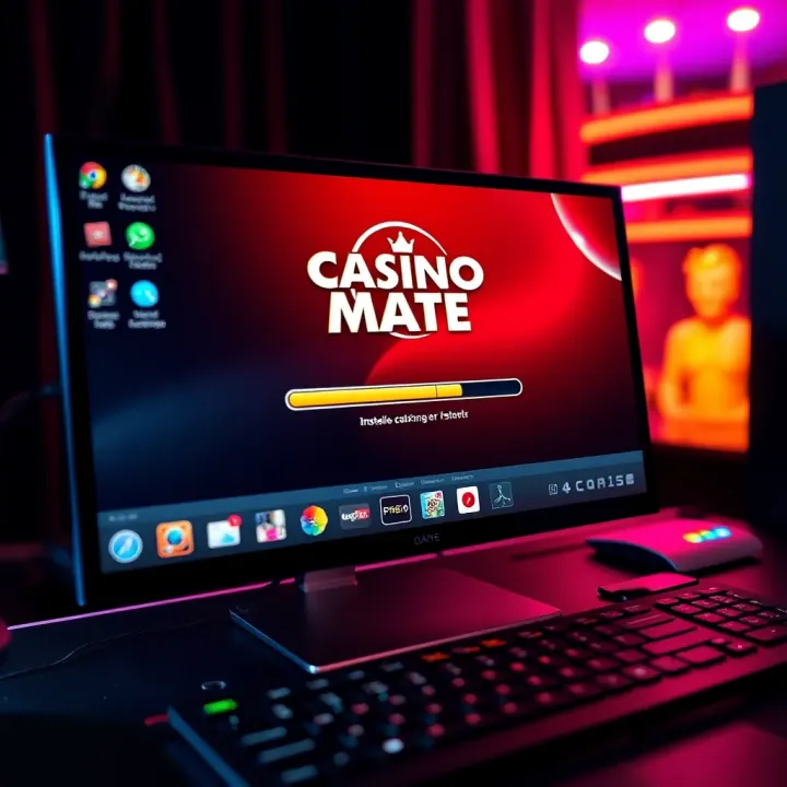 Computer desktop showing installation progress of Casino Mate software with a progress bar