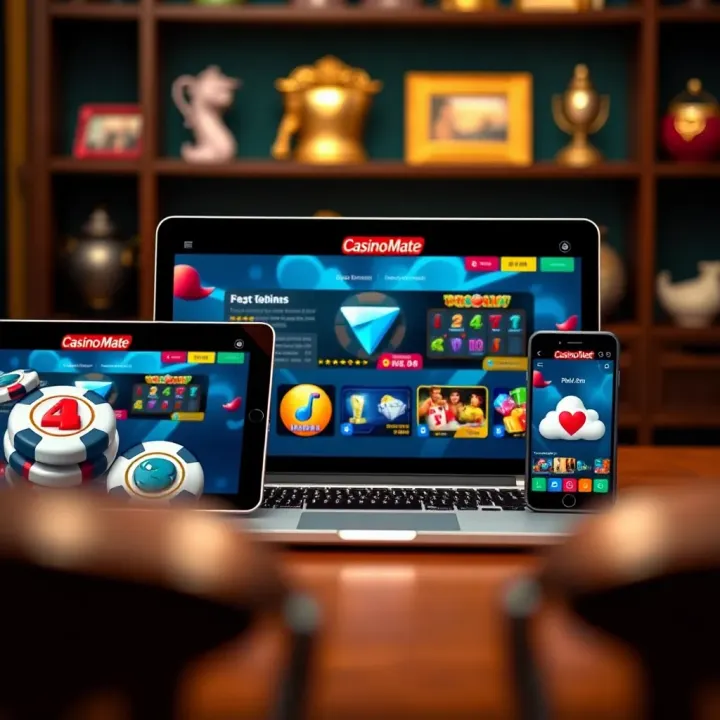 Multiple devices including a laptop, tablet, and smartphone displaying Casino Mate's Instant Play platform illustrating cross-device compatibility