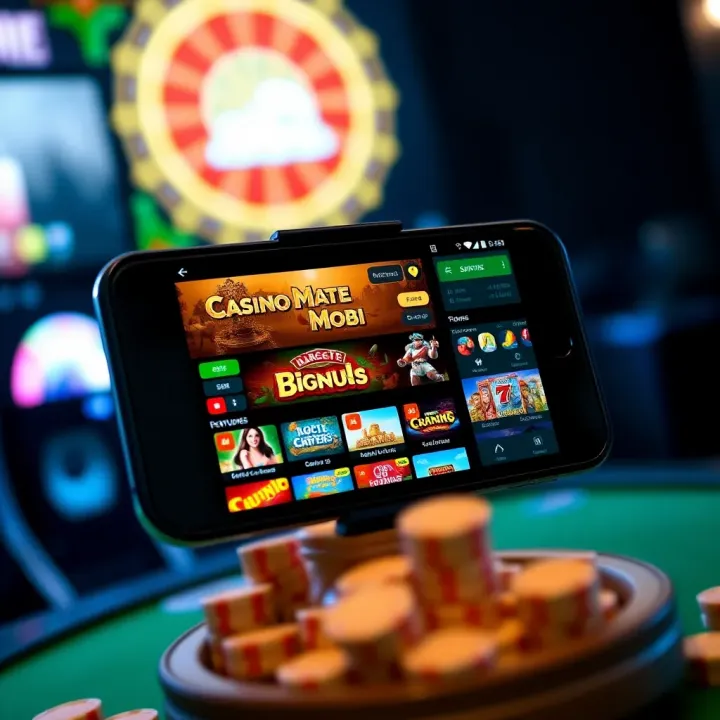 Mobile device displaying Casino Mate Mobi home screen with navigation menu and game options