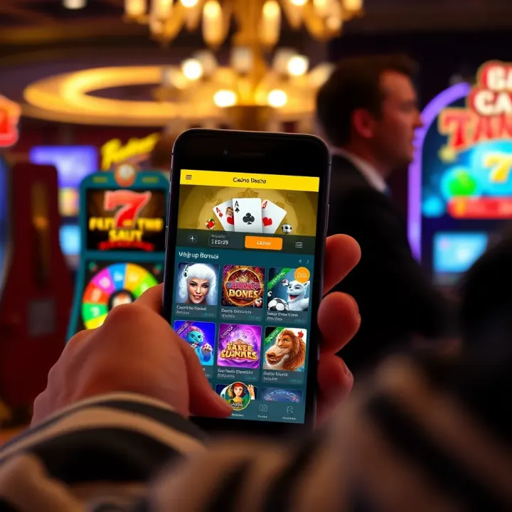 User interacting with Casino Mate mobile casino interface showing game selection and bonus details