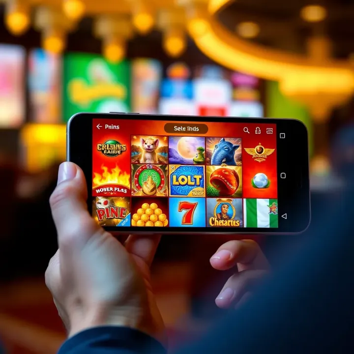 Mobile device displaying Casino Mate app with diverse slot games and casino features on screen