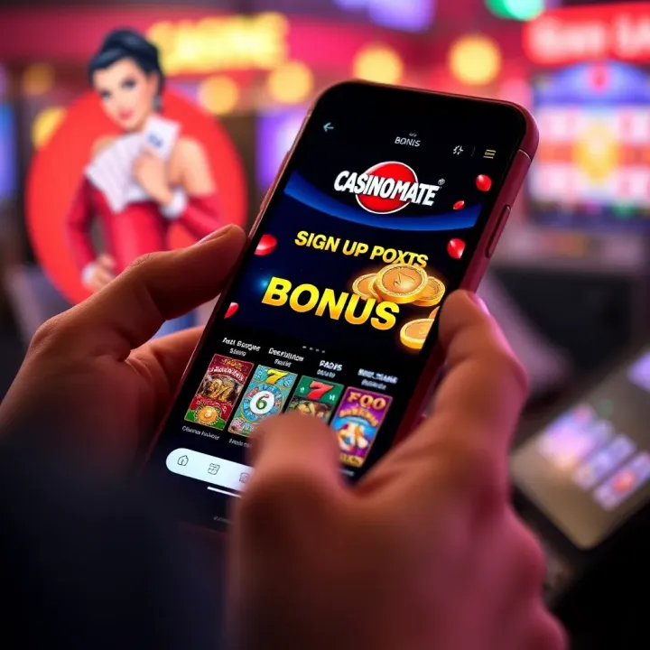 Mobile phone displaying Casino Mate sign up bonus offer with casino-themed icons