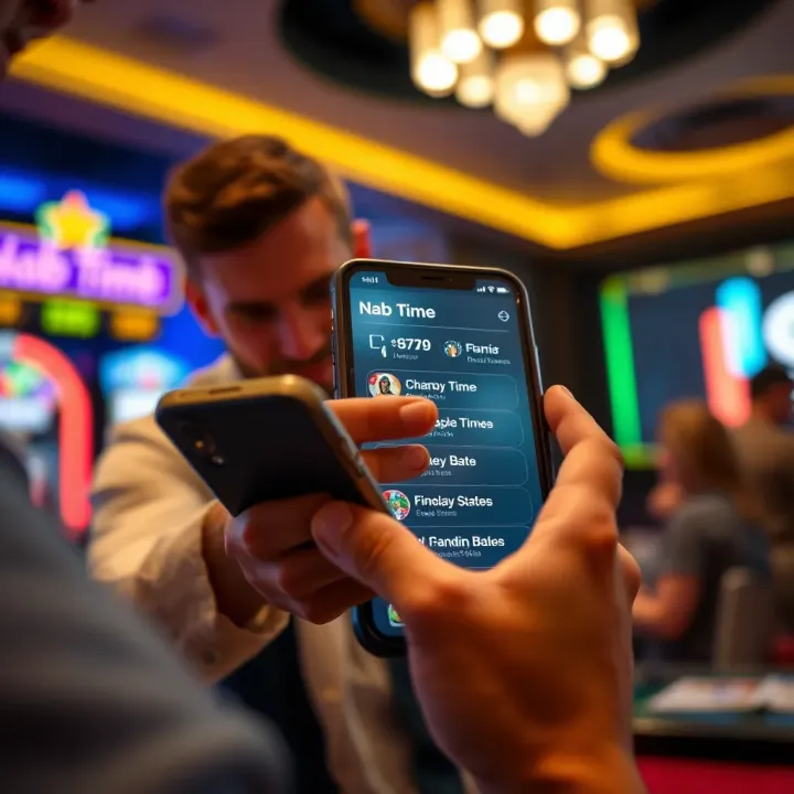 Player engaging with Casino Mate Nab Time options on smartphone for enhanced gaming experience