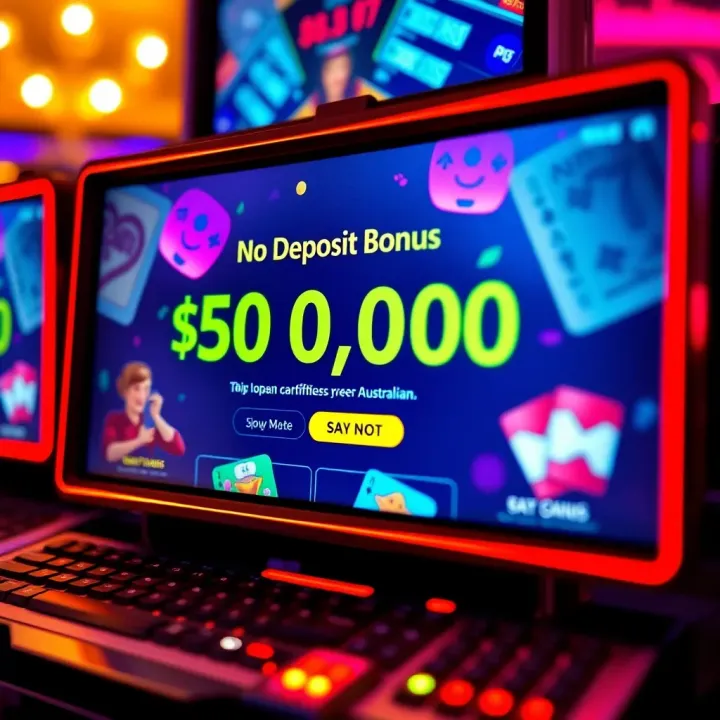 Illustration of a digital casino interface showing a no deposit bonus offer for Australian players