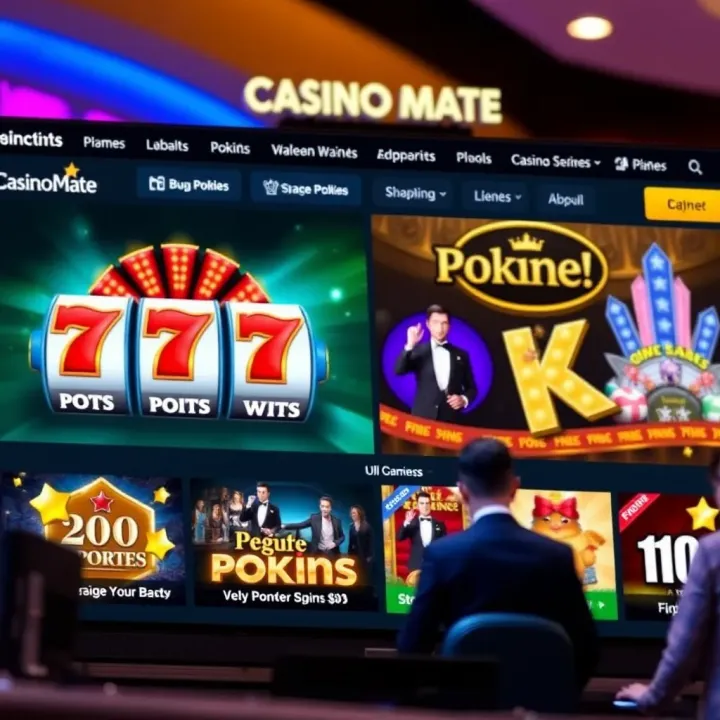 Screenshot of Casino Mate online casino homepage showing featured pokies and live dealer games