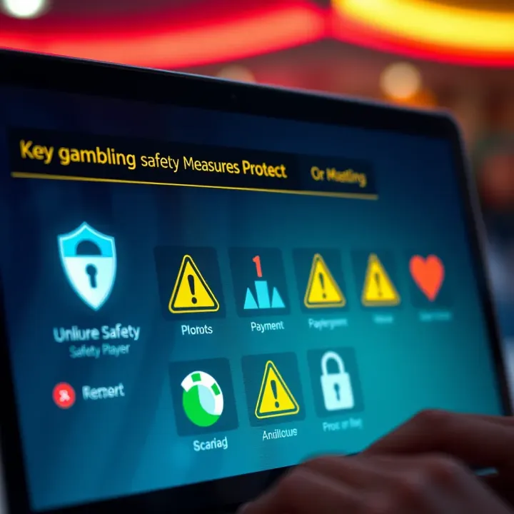 Graphic depicting online safety measures for gambling including secure payment icons and warning symbols