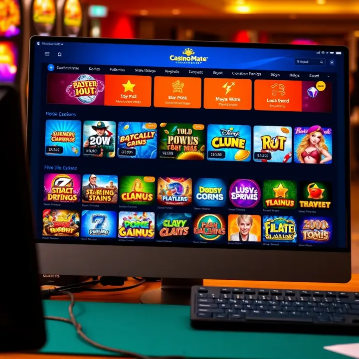 Colorful online casino interface showcasing a variety of slot games and live dealer options on a desktop screen