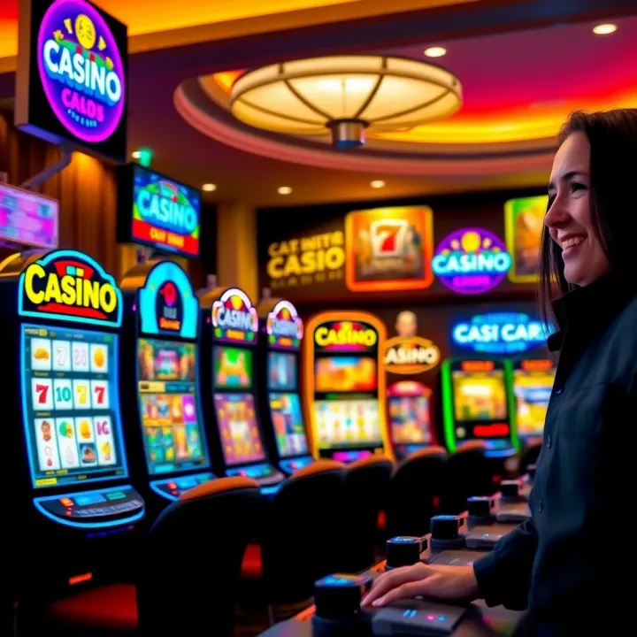 Colorful online casino game interface with various slot machines and card games visible
