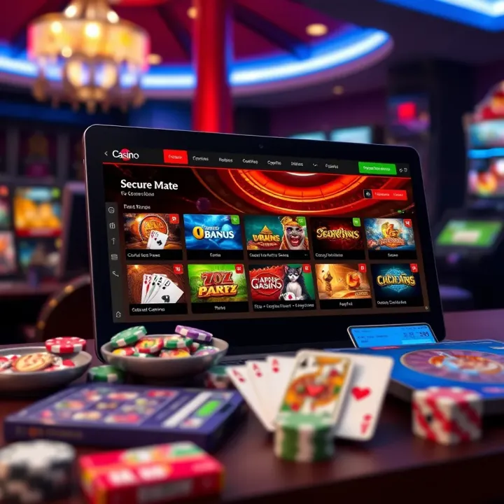 Illustration of an online casino interface highlighting game options and a secure payment method