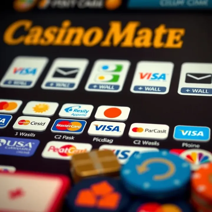 Various payment method icons including credit cards, e-wallets, and bank transfers for Casino Mate