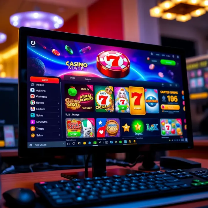 PC screen displaying the Casino Mate application interface with colorful gaming icons