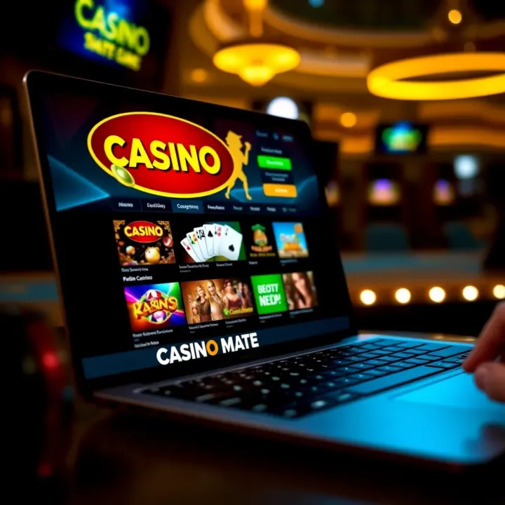 Laptop screen displaying Casino Mate online casino platform with game options