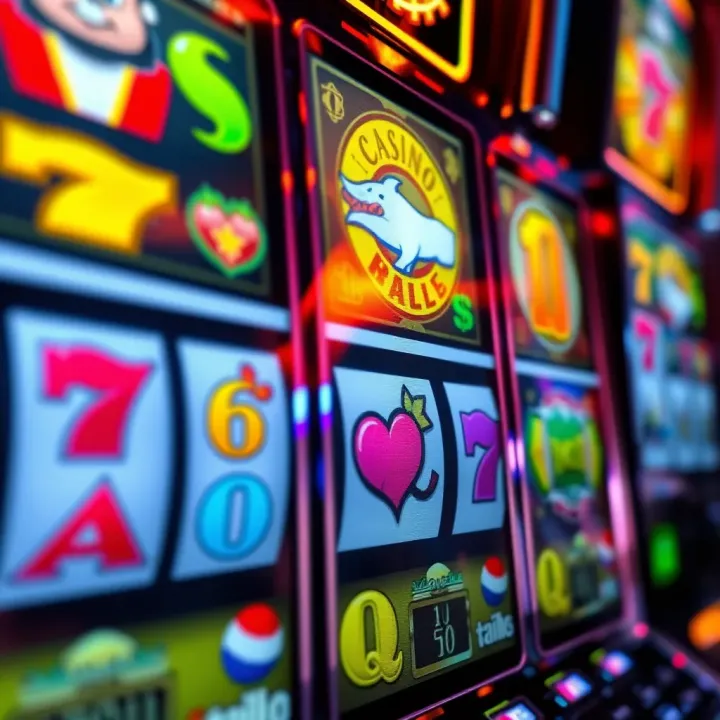 Colorful slot machine reels showing various symbols and payout lines