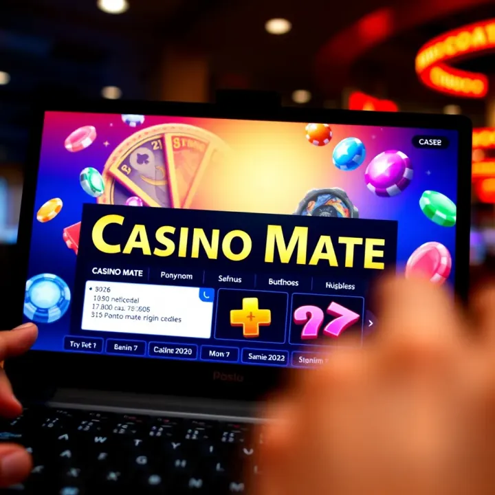 Casino Mate promotional codes displayed on a digital screen with colorful casino elements
