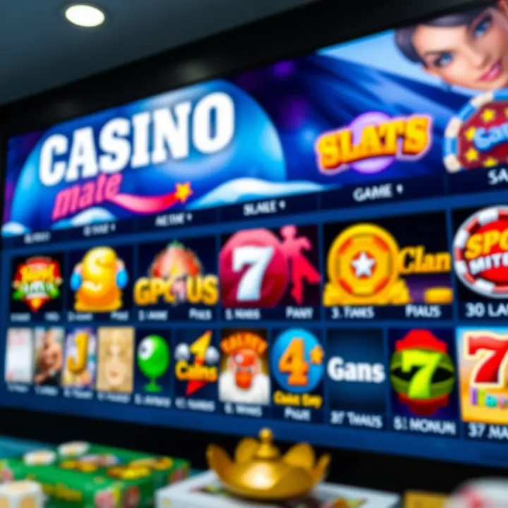 A vibrant display of various casino game icons including slots and card games