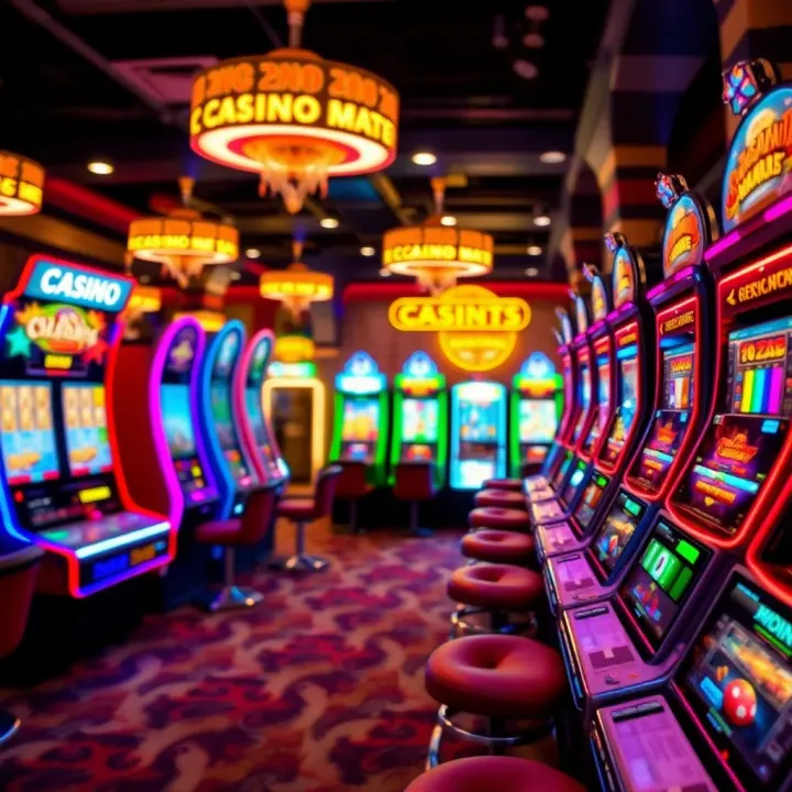 Colorful casino slot machines with vibrant lights and engaging game screens