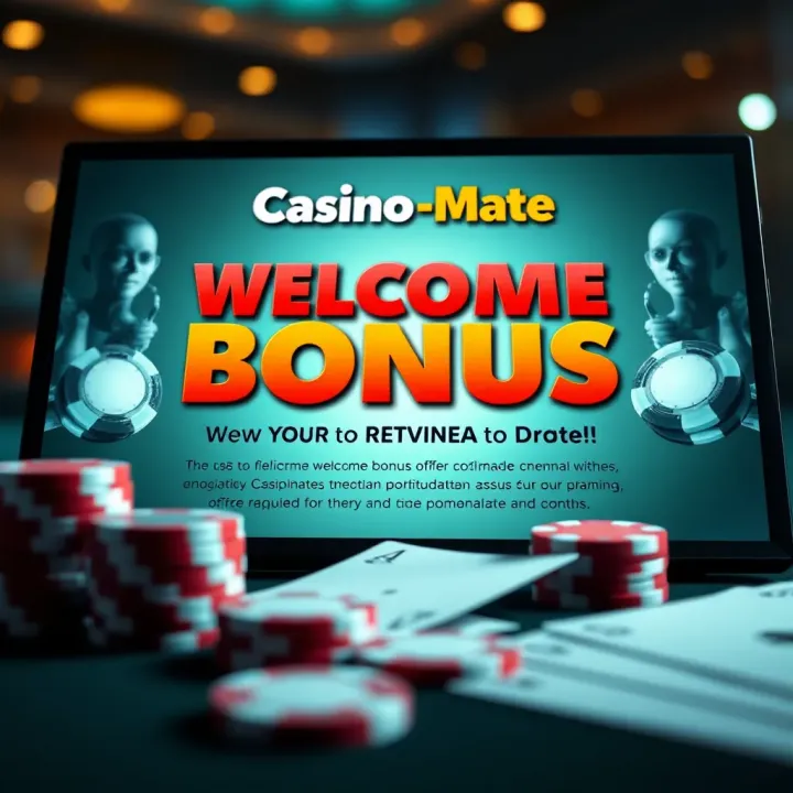 Casino-Mate welcome bonus details displayed on a digital screen with poker chips and cards