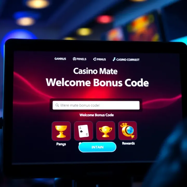 A digital casino interface displaying the Casino Mate welcome bonus code input field with colorful icons representing rewards