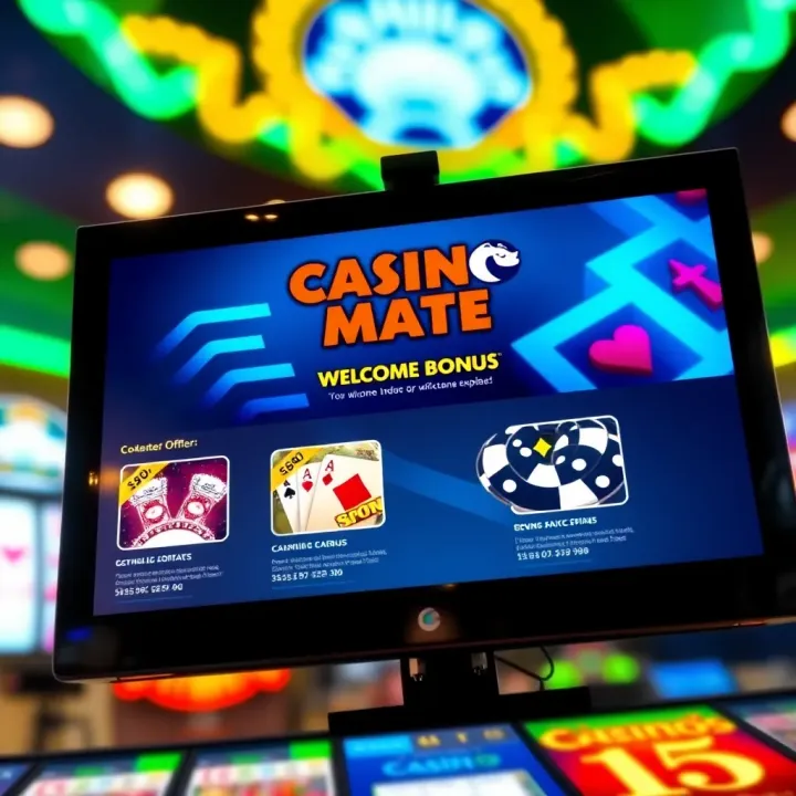 Casino Mate welcome bonus offer details displayed on a digital gaming screen