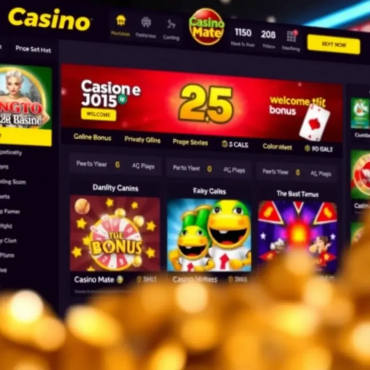 A vibrant online casino dashboard displaying welcome bonus options and promotional details