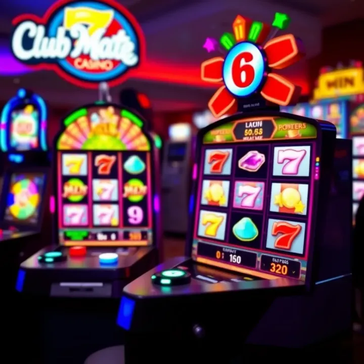 Colorful slot machine interface with various vibrant symbols and lights