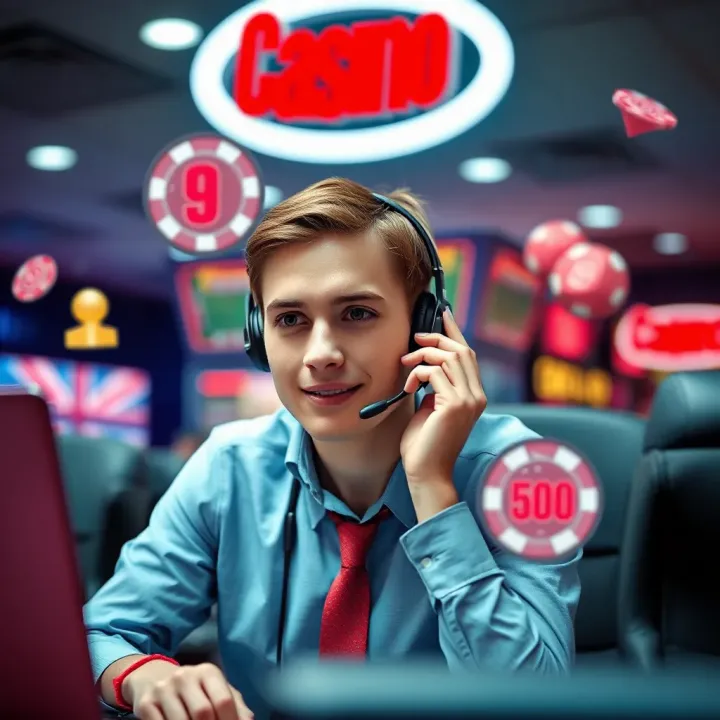 Customer support agent using headset with multiple communication icons around
