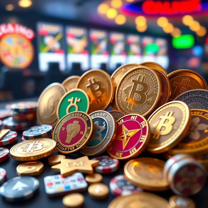 Colorful cryptocurrency icons arranged with casino game elements illustrating the use of various digital currencies in online gambling
