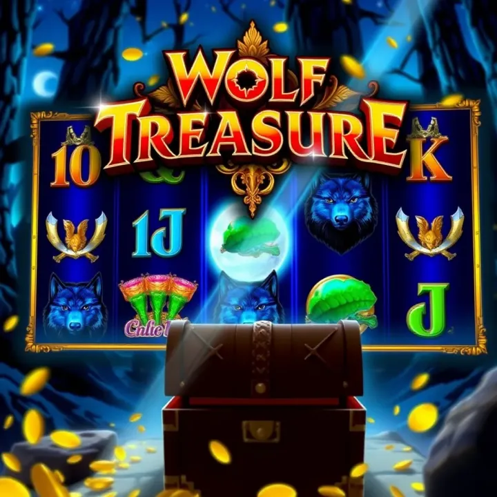 Bonus round screen in Wolf Treasure slot featuring free spins and treasure chest