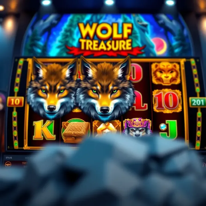 Wolf Treasure Slot Game Interface with Themed Symbols Wolf Treasure slot game interface showing reels with wolf and treasure symbols