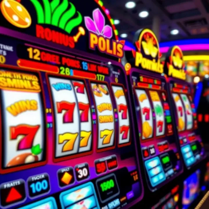Colorful online pokies game interface showing reels with various symbols