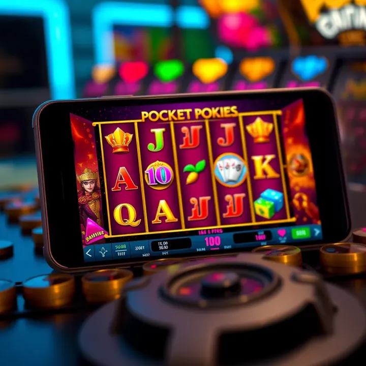 Mobile device displaying a colorful slot game interface with various symbols and bonus icons
