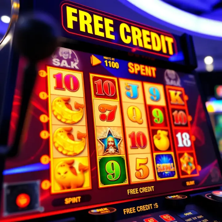 Animated online slot machine with vibrant reels showing various symbols and free credit notification