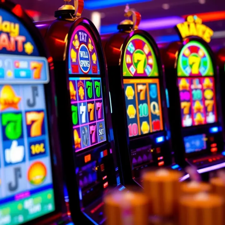 Colorful slot machine reels with various symbols and bright lights