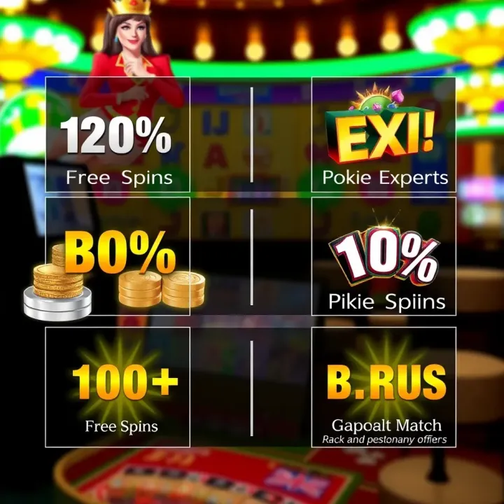 Illustration of various types of casino bonuses like free spins and deposit match offers