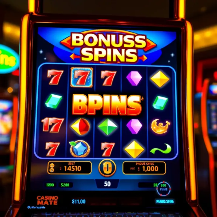 A digital slot machine screen highlighting bonus spins feature at Casino Mate