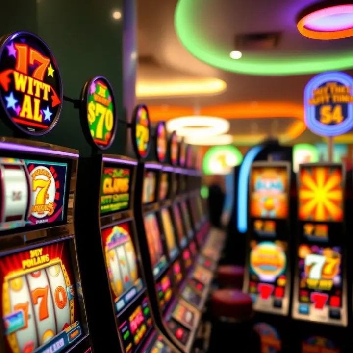 Colorful casino slot machines with various symbols and payouts on display