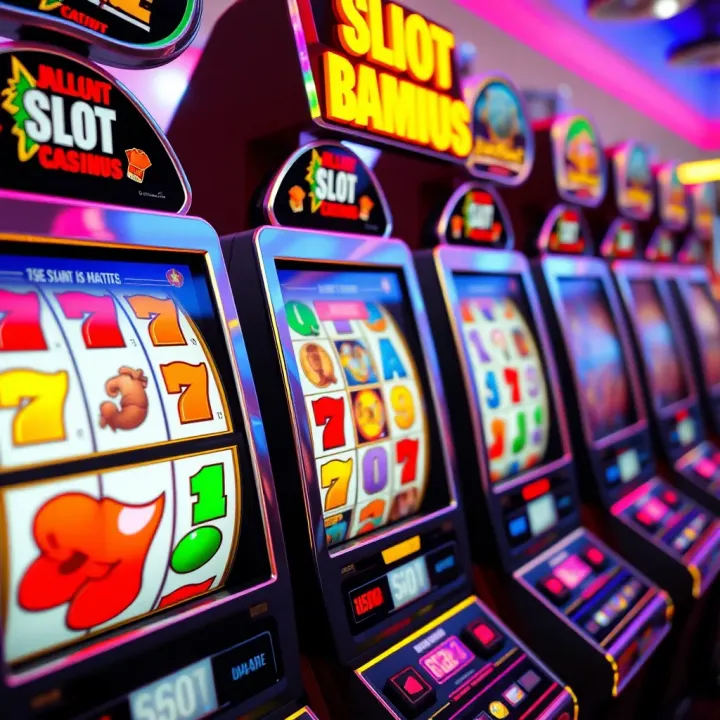 Colorful slot machine reels displaying various jackpot symbols