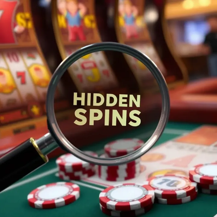Graphic showing a magnifying glass over casino chips and reels highlighting hidden spins