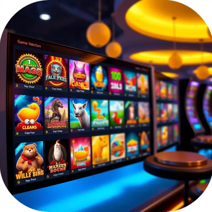 Colorful casino game selection screen showcasing various slot and table games
