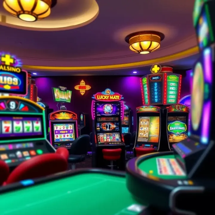 Visual of various casino games including slots and table games available at Lucky Mate Casino