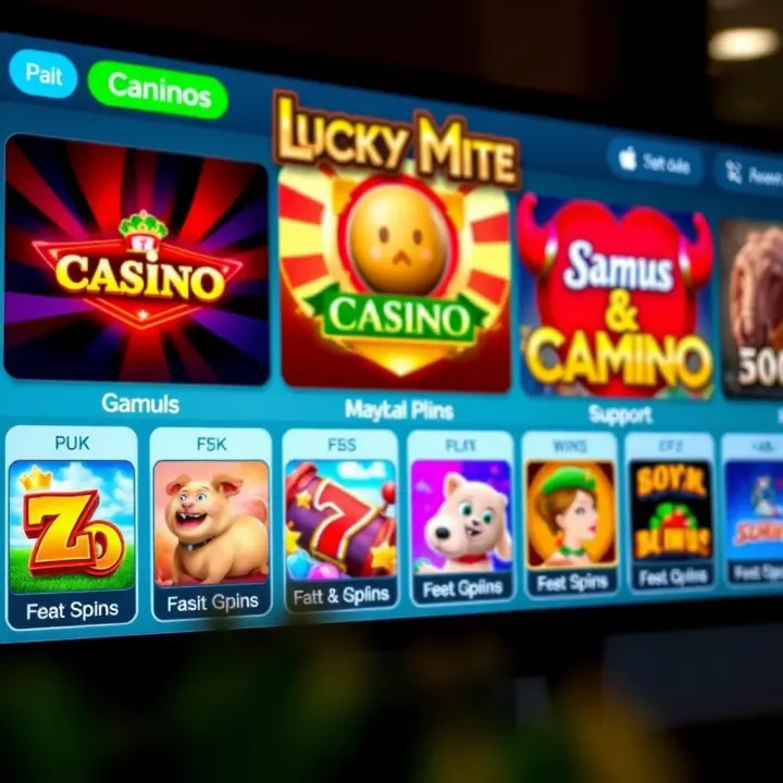 Variety of casino games displayed on a digital screen with payment options icons