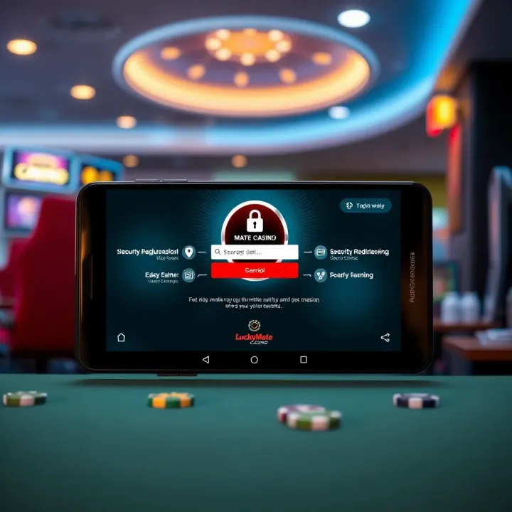 Mobile device displaying Lucky Mate Casino interface with security features highlighted