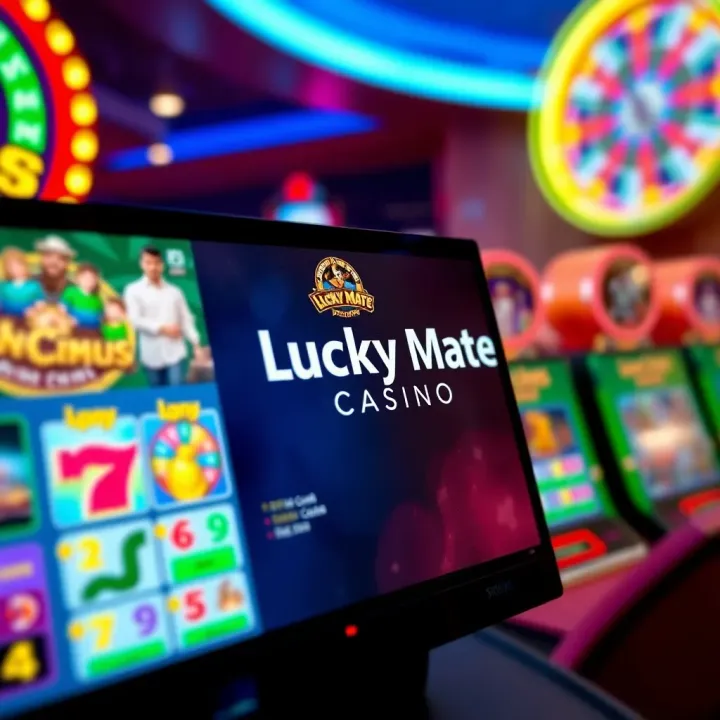 Lucky Mate Casino promotional code displayed on a digital interface with vibrant casino-themed background