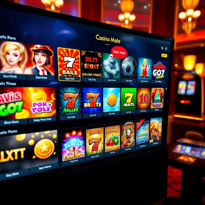 A vibrant online casino interface displaying a variety of slot games and table games on a digital screen