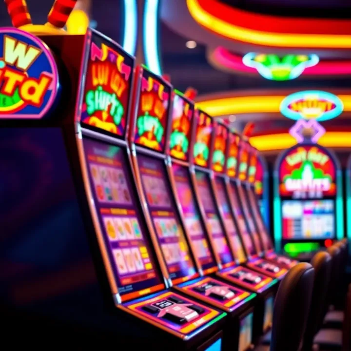Colorful casino slot machine with bright symbols and flashing lights