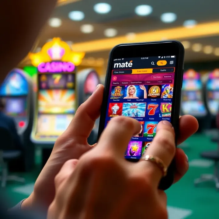 User navigating Mate Casino platform on smartphone with vibrant game icons displayed