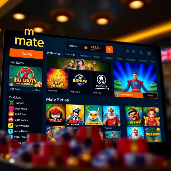 Screenshot of Mate Casino user interface showcasing game selection and navigation menu