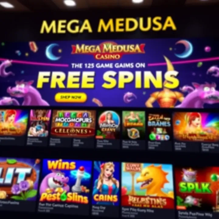 Mega Medusa Casino Free Spins and Game Selection Display of free spins offer banner and popular slot games available at Mega Medusa Casino