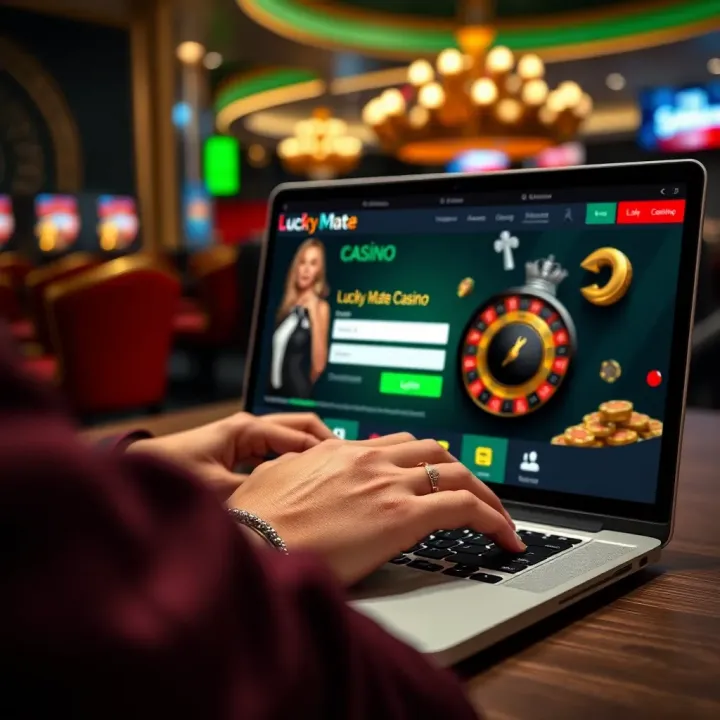 User entering login credentials on Lucky Mate Casino website on a laptop